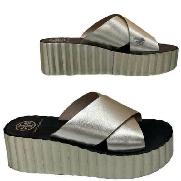 Tory Burch Gold Leather Slide On Cross Strap Summer Platform Sandals Size 11 - Picture 4 of 5